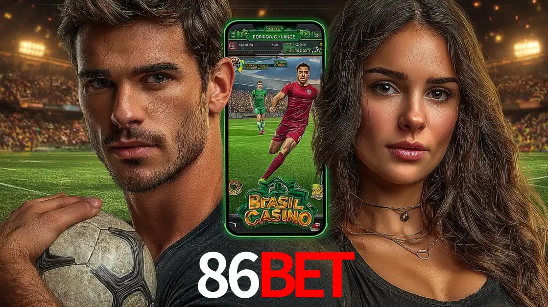 Homem segurando uma bola de futebol e uma mulher ao lado de um smartphone exibindo o jogo de apostas esportivas da 86bet. Faça seu palpite no cassino online.